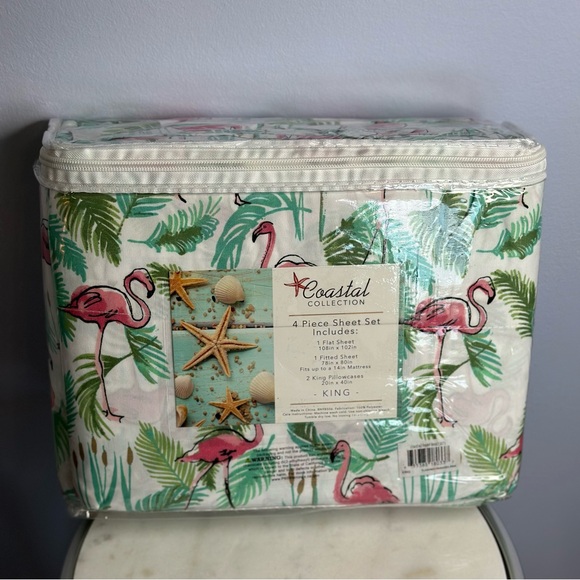 Coastal Collection king size sheet set flamingo paradise-pink tropical print NEW - Picture 3 of 3